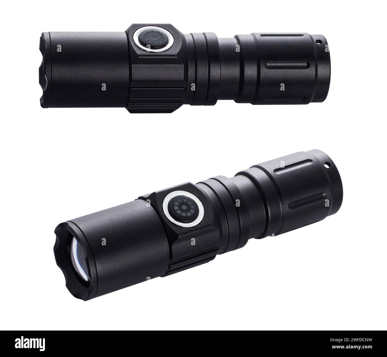 Lampe de poche zoom étanche à LED noire isolée sur fond blanc, Banque D'Images