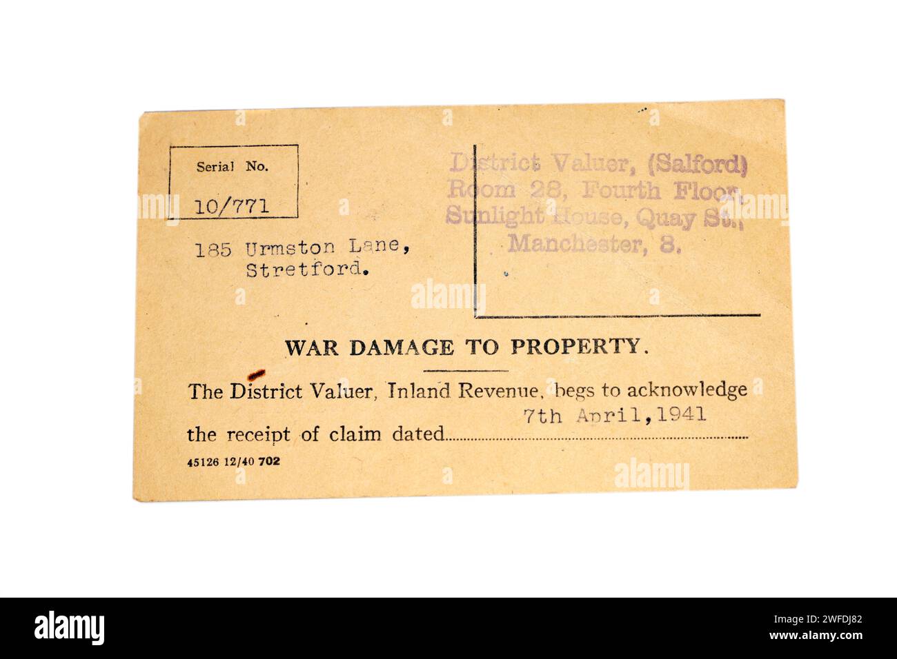Reçu pour réclamation pour dommages de guerre causés à des biens pendant la seconde Guerre mondiale. Banque D'Images