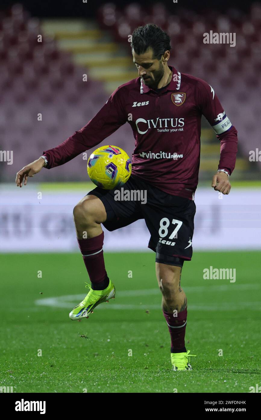 Salerne, Italie. 29 janvier 2024. Alessandro Garofalo/LaPresse 29 gennaio 2024 Salerno, Italia sport calcio Salernitana vs Roma - Campionato di calcio Serie A Tim 2023/2024 - Stadio Arechi. Nella foto : Antonio Candreva (États-Unis Salernitana 1919) ; janvier 29 2024 Salernitana vs Roma - Championnat italien de football Ligue A 2023/2024 - Stade Arechi. Sur la photo : Antonio Candreva (US Salernitana 1919) ; crédit : LaPresse/Alamy Live News Banque D'Images