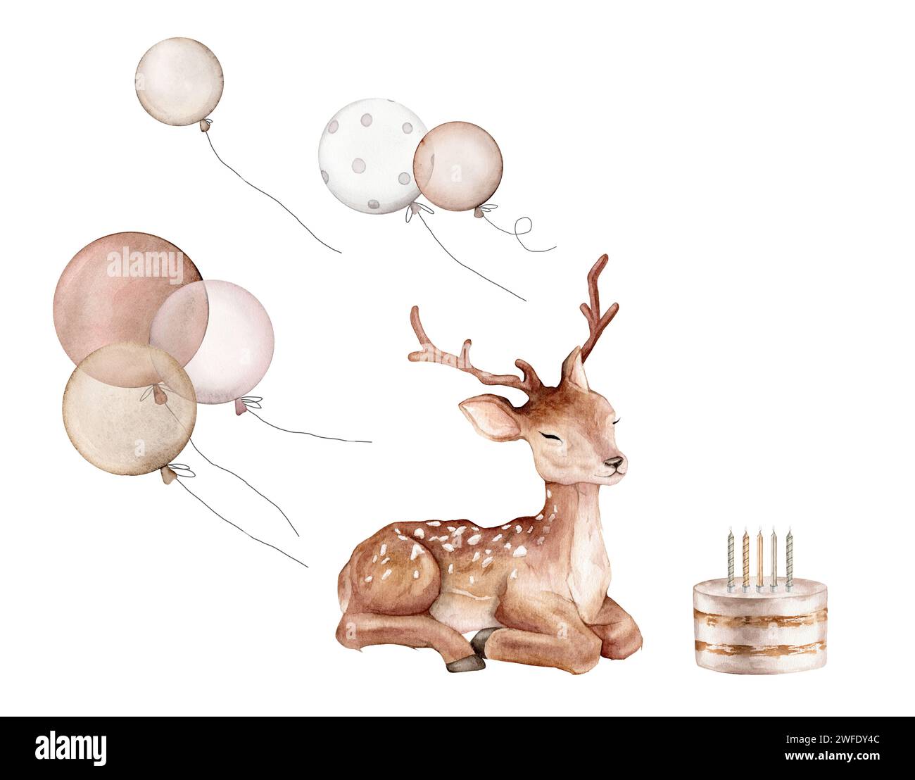 Aquarelle Air ballons et gâteau sur fond isolé et bébé cerf. Illustration dessinée à la main pour les cartes de vœux. Ensemble minimal pour la célébration de fête Banque D'Images