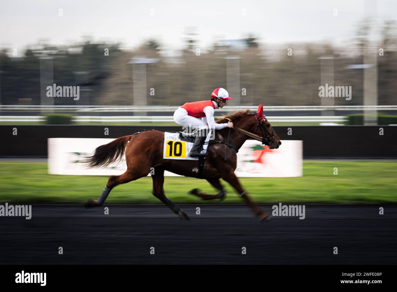 Le jockey Victor Saussaye et son cheval lors de la course du Prix Jacques Andrieux, à l’Hippodrome de Vincennes. La course de trot la plus connue au monde, le Prix d'Amerique Legend Race, s'est déroulée sur l'hippodrome de Vincennes, en périphérie de Paris. Cette course reste l'une des plus importantes courses équestres au monde, elle est suivie par des millions de spectateurs. Clément Duvaldestin et son cheval IDAO de Tillard, ont été les gagnants du Grand Prix d'Amerique 2024. Banque D'Images