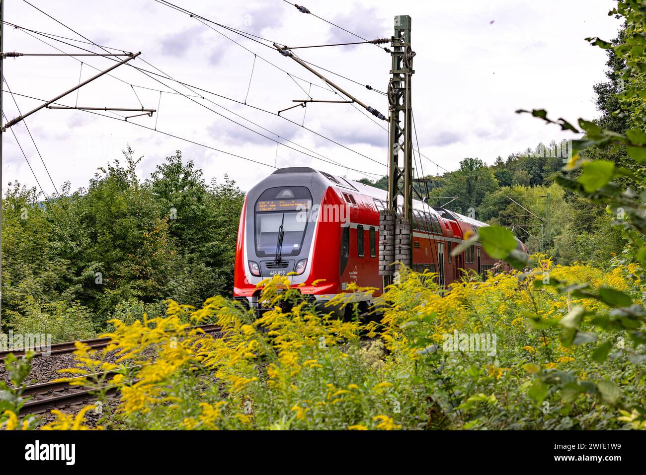 Un wagon d'un chemin de fer sur un tour libre à travers la campagne près de Wolken, Allemagne Banque D'Images