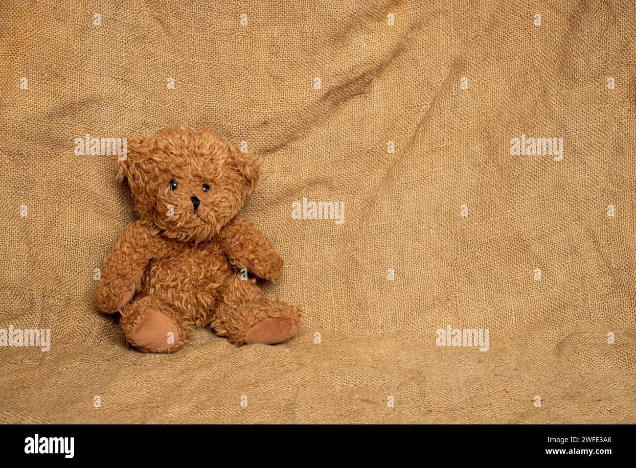 Un ours en peluche brun est assis sur un tissu brun, un jouet pour enfants Banque D'Images