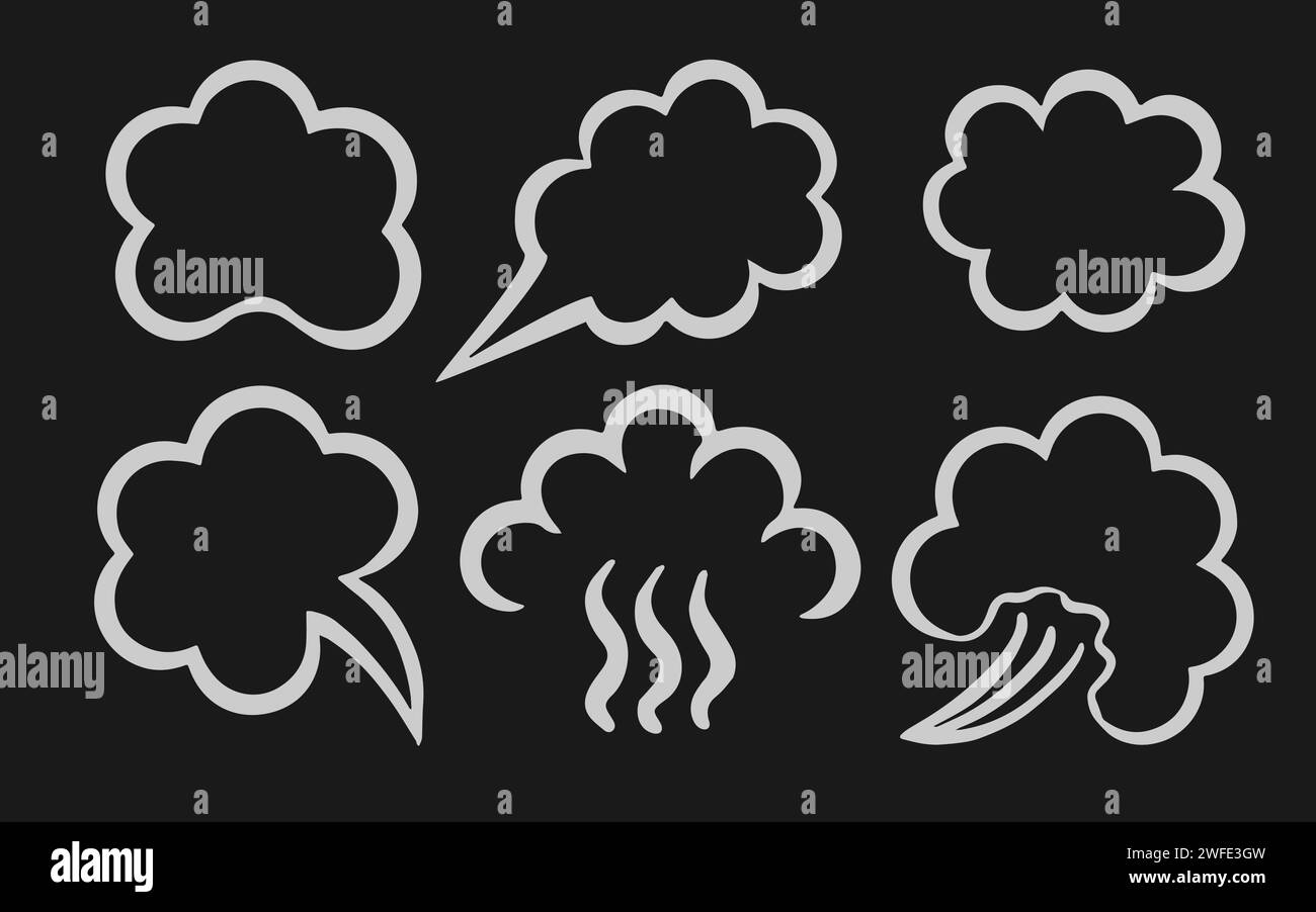 Esquissez des nuages de vapeur de différentes formes. Vapeur de vapeur. Ballons de parole vides, pictogrammes. illustration vectorielle réaliste 3d. Fond noir. Illustration de Vecteur