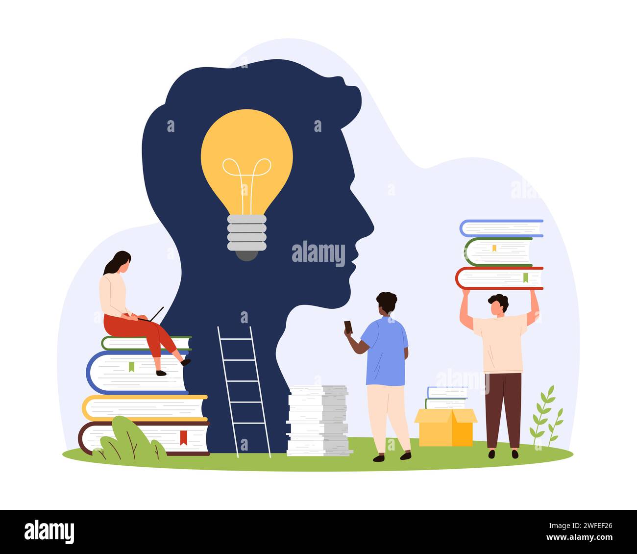 Développement du cerveau et croissance avec la connaissance, accent sur l'apprentissage. Les personnes minuscules tenant des livres pour aider à l'ampoule lumineuse lumineuse créent des idées à l'intérieur de la silhouette abstraite de l'illustration vectorielle de dessin animé de tête masculine Illustration de Vecteur