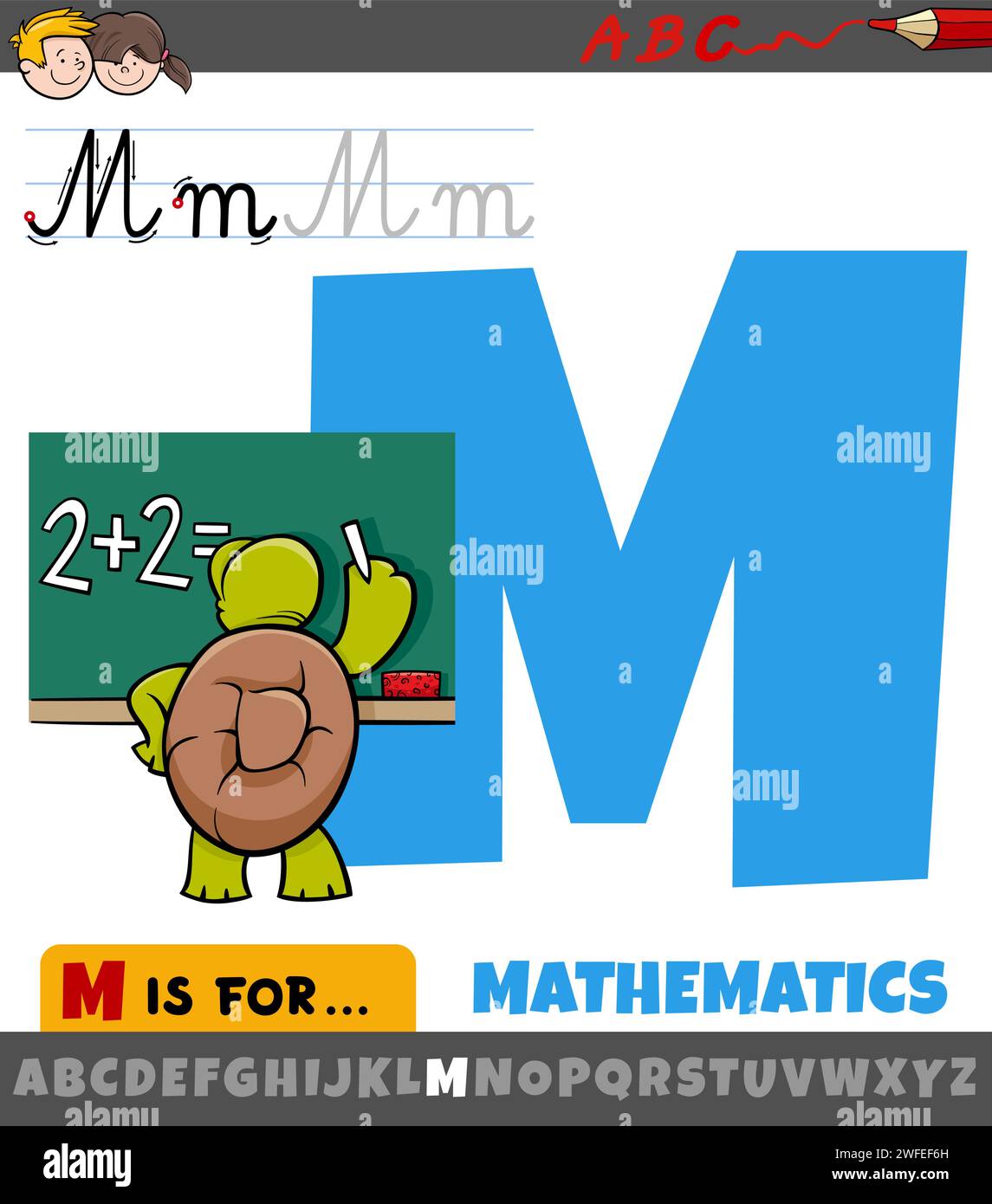 Illustration pédagogique de dessin animé de la lettre M de l'alphabet avec phrase mathématique Illustration de Vecteur