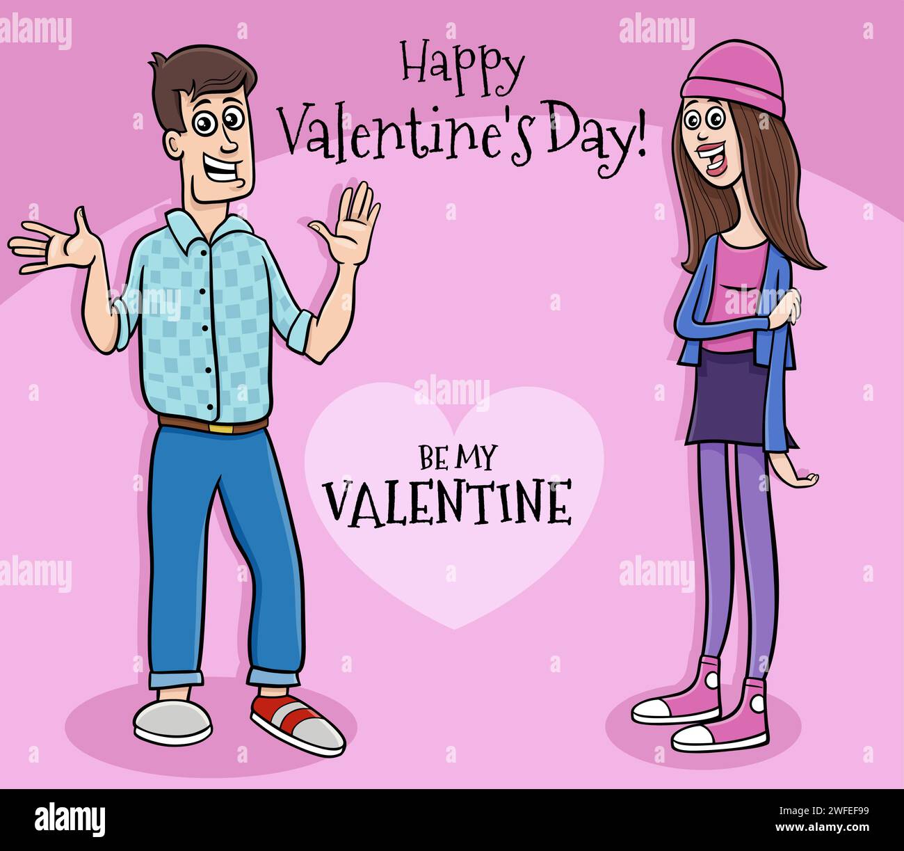 Conception de carte de voeux de Saint Valentin avec jeune couple de dessin animé Illustration de Vecteur
