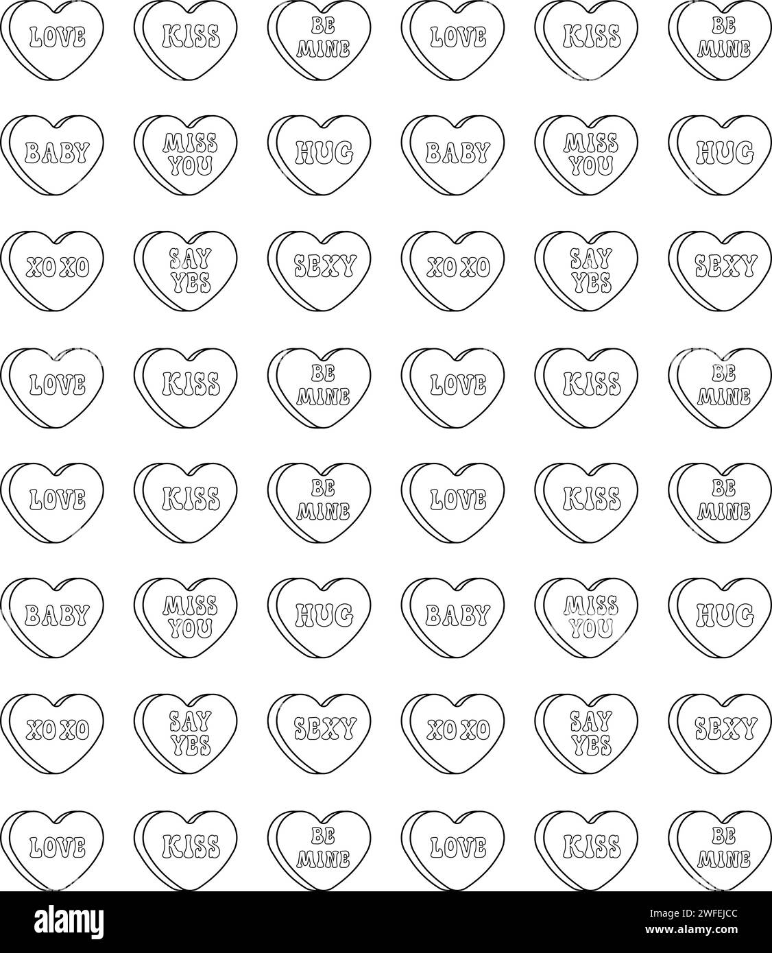 Vector Seamless motif de dessin animé rétro groovy contour Valentine Love bonbons isolés sur fond blanc Illustration de Vecteur