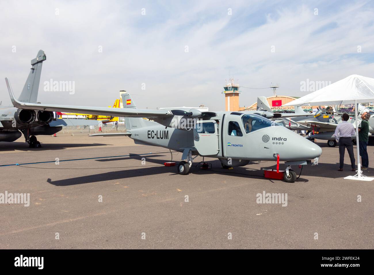 Avion de surveillance maritime Tecnam P2006T de Frontex (Agence européenne de garde-frontières et de garde-côtes) au Marrakech Air Expo. Marrakech, Maroc - avril 28, Banque D'Images