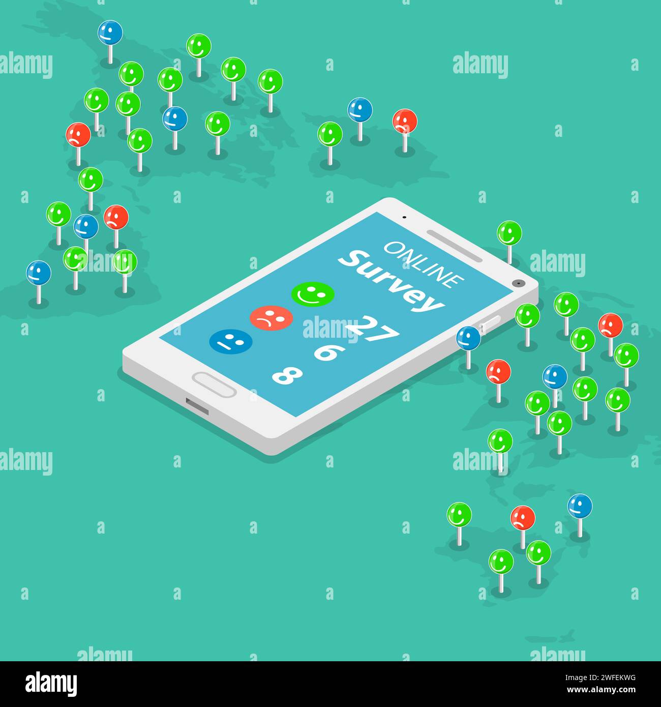 Sondage en ligne télévision concept vecteur isométrique. Avec un smartphone, les résultats du sondage sont portant sur la carte par continents. Smiles sont partout autour de la Illustration de Vecteur