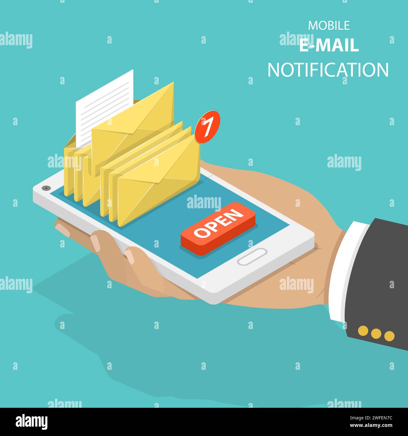 Concept de vecteur isométrique plat de notification par e-mail. Une main tient un smartphone avec plusieurs enveloppes et un bouton OUVERT dessus. Illustration de Vecteur
