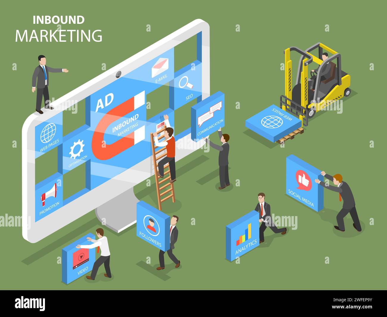 Inbound marketing télévision vecteur isométrique concept. Les gens essaient de concevoir une composition sur le moniteur du PC qui montre les principaux points d'advertisin Illustration de Vecteur