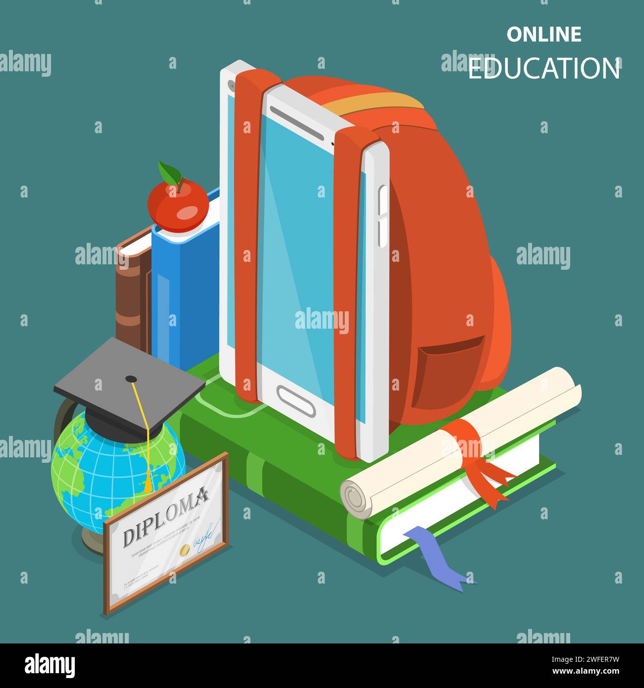 L'éducation en ligne télévision poly concept isométrique faible vecteur. Smartphone est debout sur le livre avec un sac à dos pour l'école qui s'accrochent à lui entouré par l'edu Illustration de Vecteur