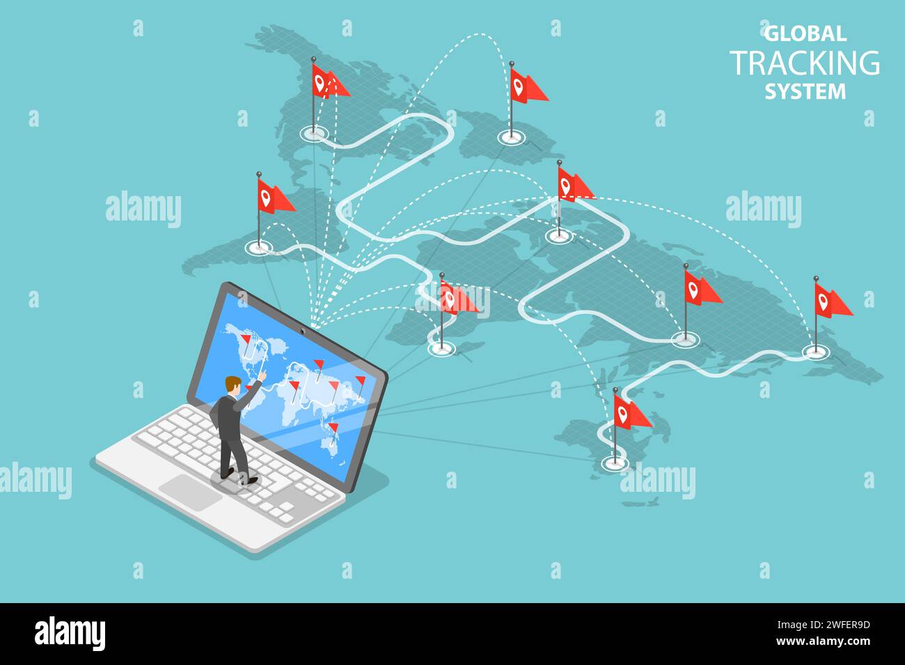 Concept isométrique de vecteur plat de système de suivi global, livraison de fret, réseau logistique, expédition de fret dans le monde entier. Illustration de Vecteur