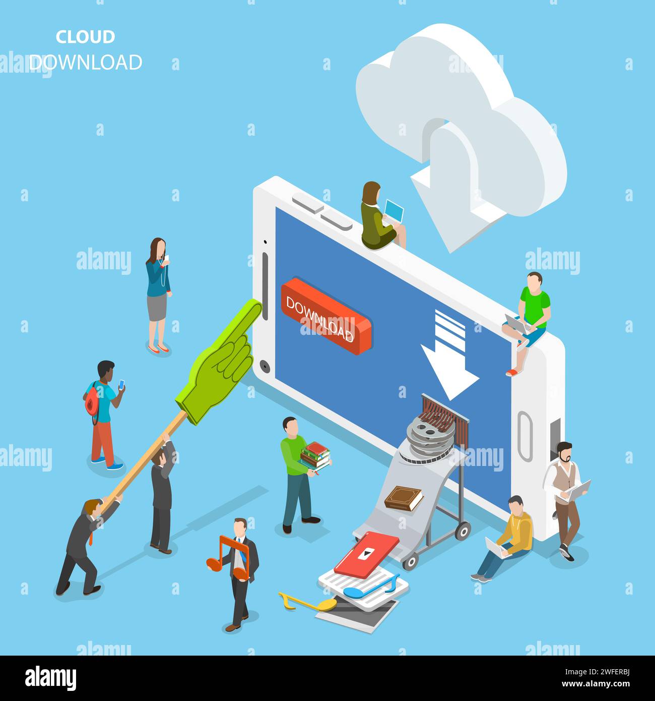 Télécharger Flat Cloud vecteur isométrique. Les gens sont le téléchargement de certains contenus comme la vidéo, musique, livres, films, documents, à partir du nuage pour le smartphone Illustration de Vecteur