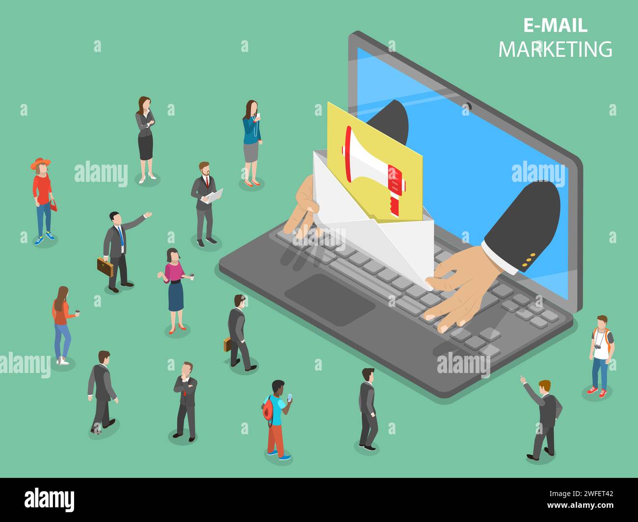 E-mail marketing télévision vecteur isométrique concept. Les mains de l'ordinateur portable indique une lettre avec promotion connectez-vous à l'audience. La publicité numérique ca Illustration de Vecteur