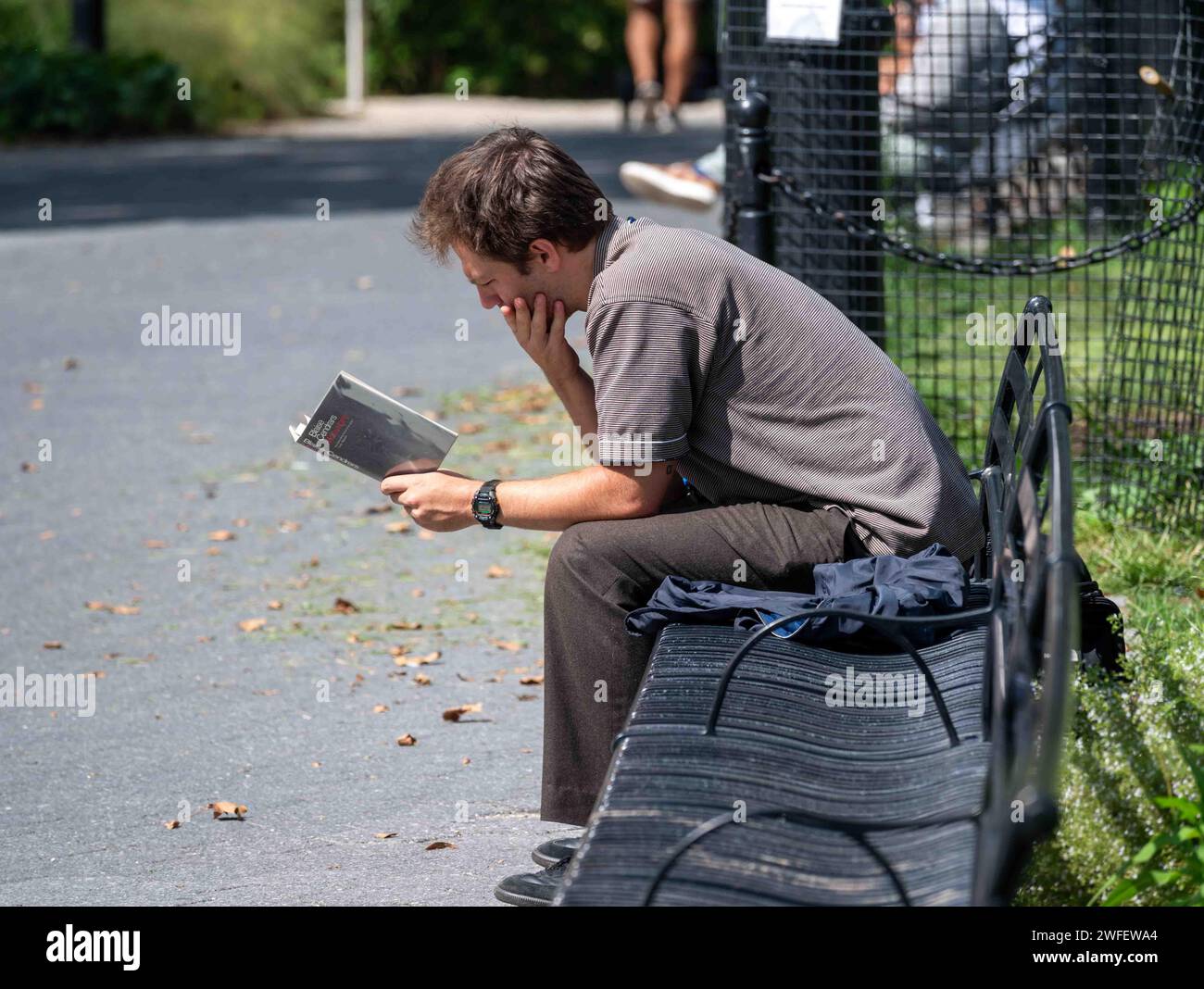 Un jeune homme élégant seul sur le banc ensoleillé Battery Park NYC lit un livre Banque D'Images