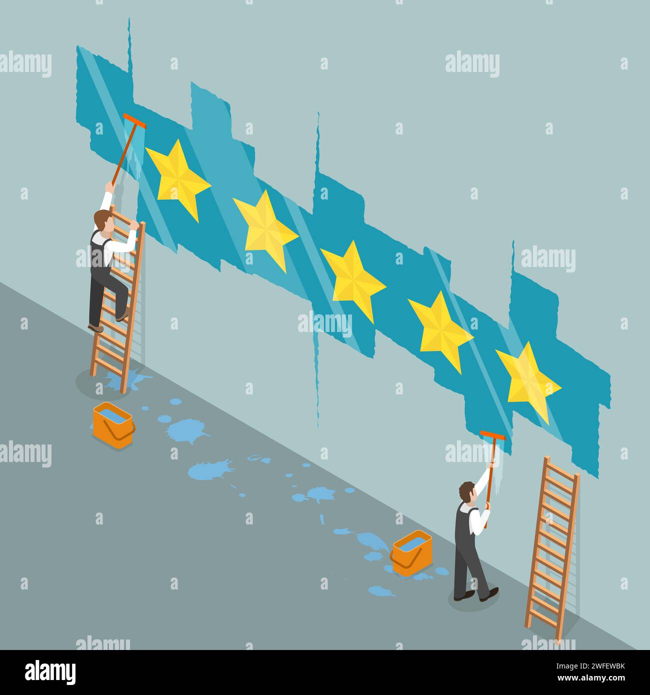 5 étoiles télévision vecteur isométrique concept. Deux travailleurs sont le nettoyage d'un mur de verre et de sous la couche de poussière est apparaissant le fichier jaune étoile Illustration de Vecteur