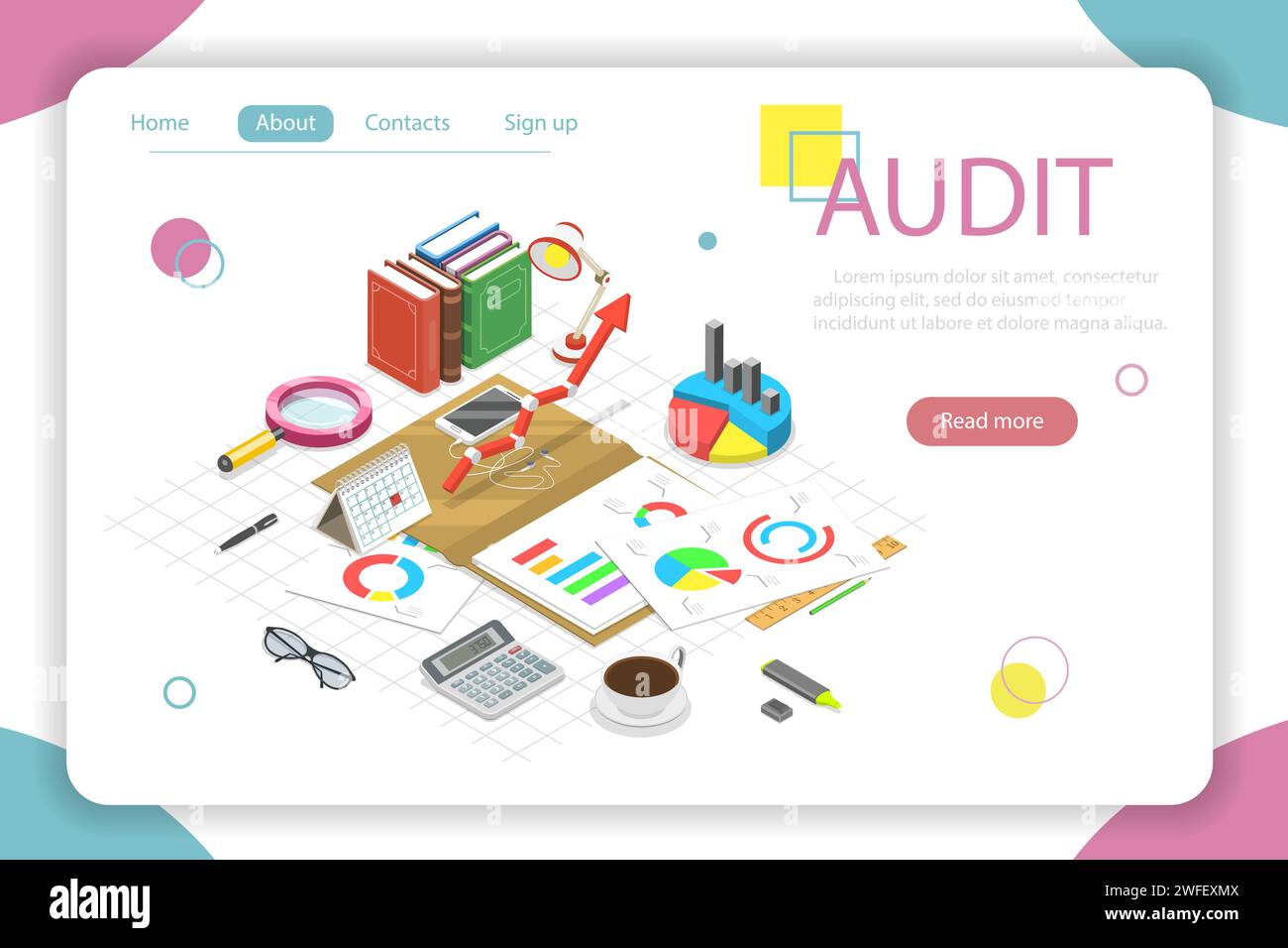 Audit de concept de vecteur isométrique plat, examen fiscal, rapport financier. Illustration de Vecteur