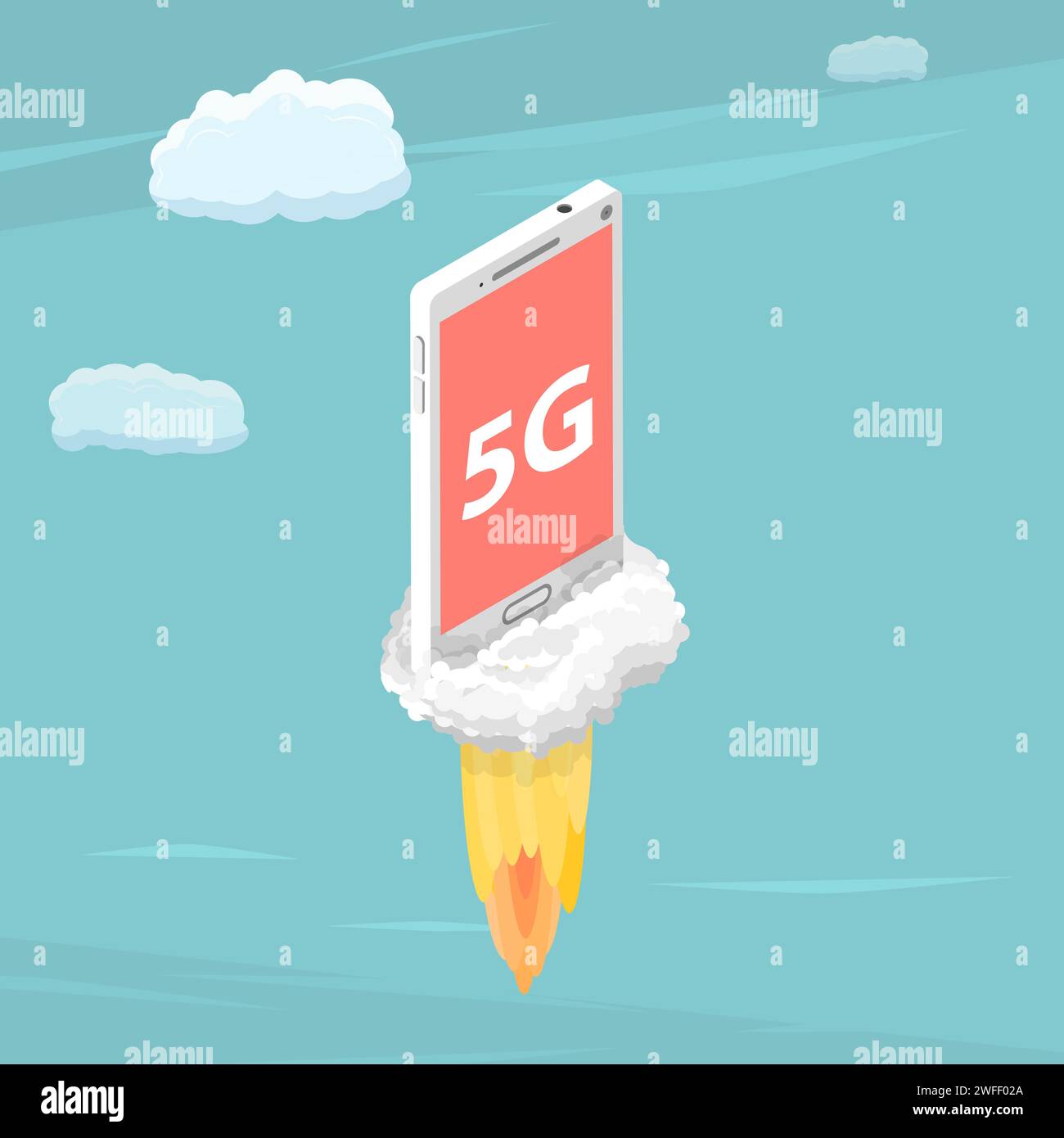 5g télévision concept vecteur isométrique. Smartphone avec un titre 5G est volant dans le ciel comme une fusée. Illustration de Vecteur