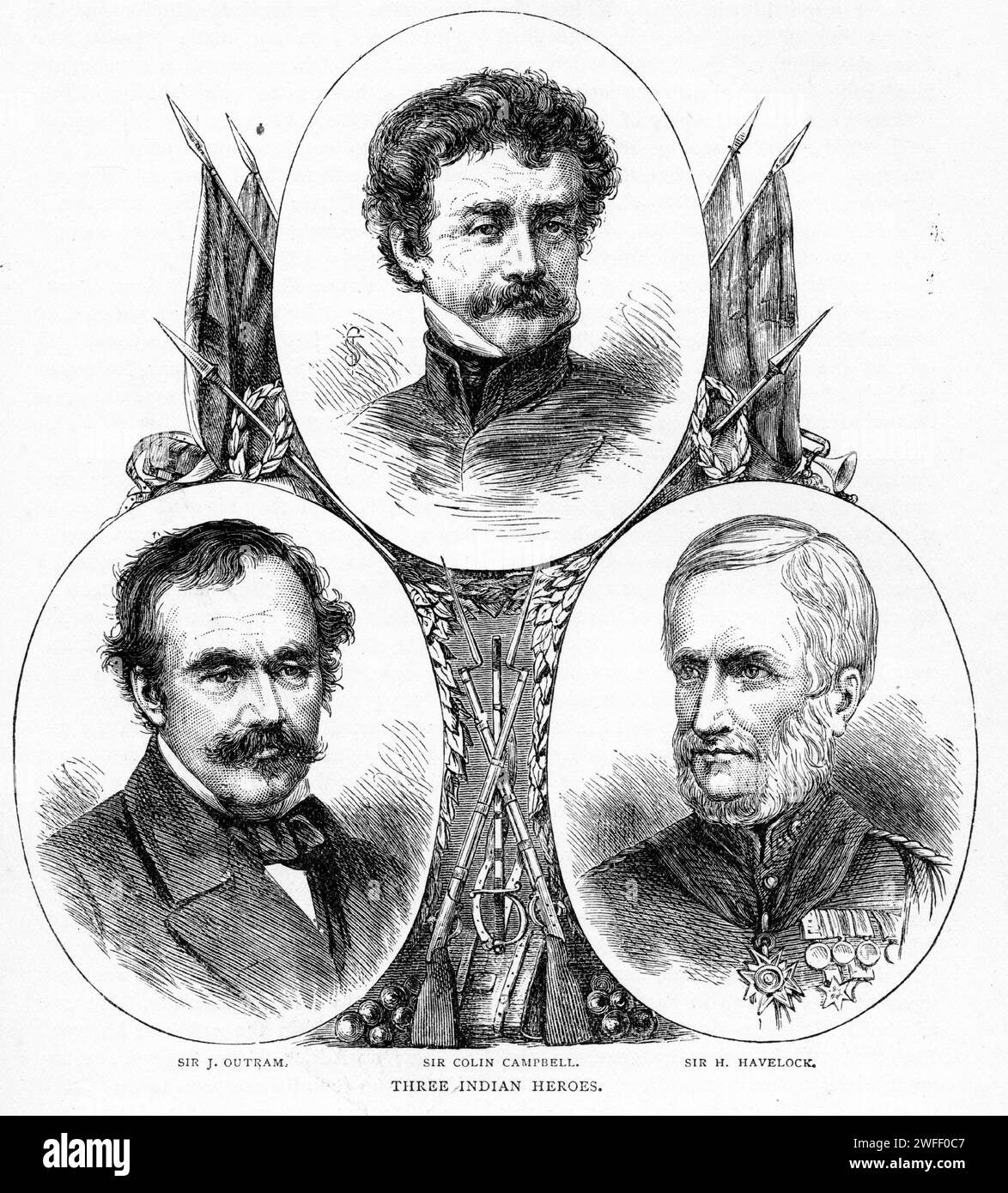 Portrait de trois héros britanniques qui se sont distingués en Inde - Sir James Outram, Sir Colin Campbell et Sir Henry Havelock. Publié circa 1880 Banque D'Images
