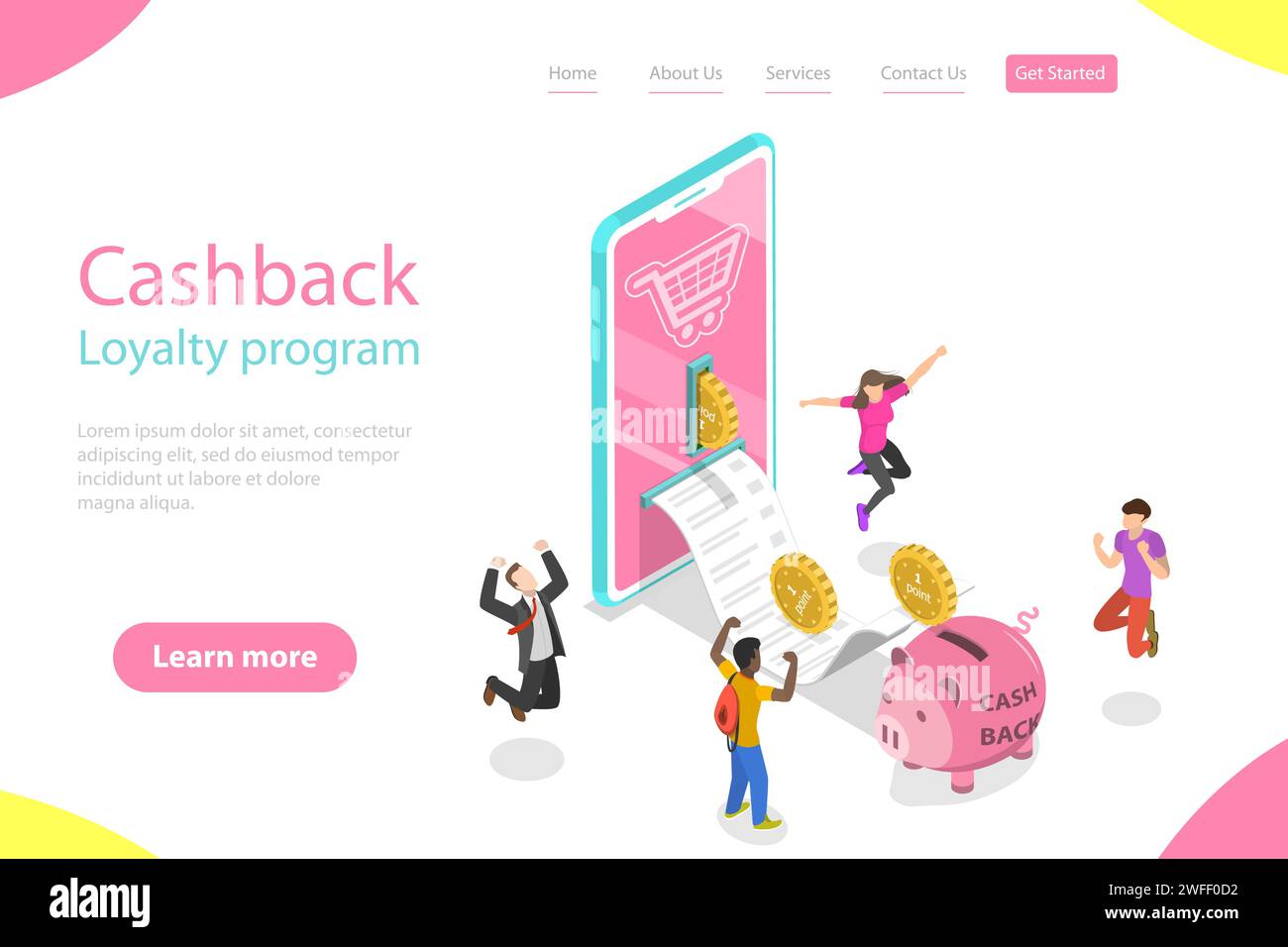 Modèle isométrique de Landing page de vecteur plat de cash back, campagne de programme de fidélité, remboursement d'argent. Illustration de Vecteur