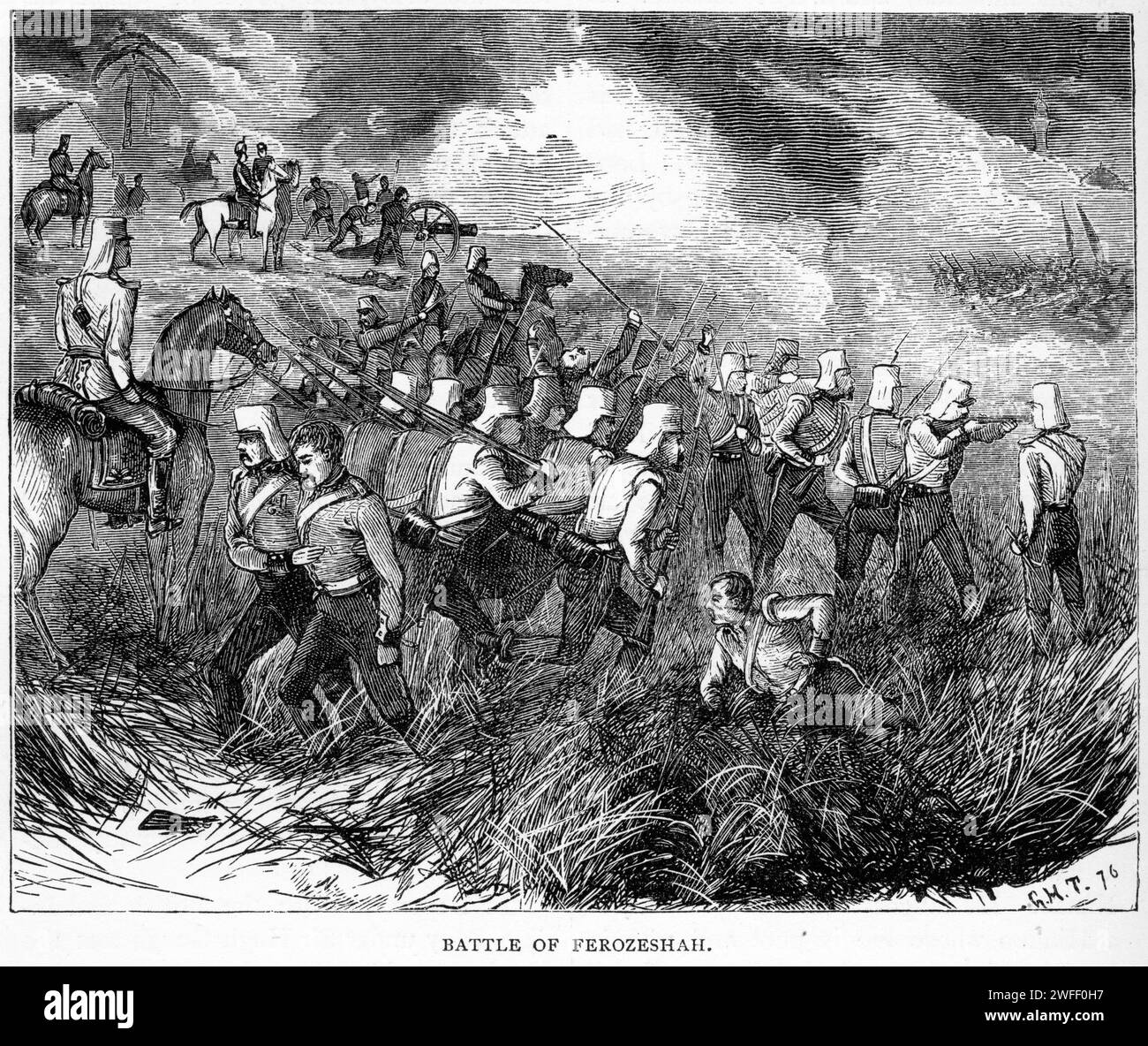 Soldats engagés dans la bataille de Ferozeshah, combattus les 21 et 22 décembre 1845 entre la Compagnie britannique des Indes orientales et l'Empire sikh, dans le village de Ferozeshah au Pendjab. Les Britanniques étaient dirigés par Sir Hugh Gough et le gouverneur général Sir Henry Hardinge, tandis que les Sikhs étaient dirigés par Lal Singh. Les Britanniques sont sortis victorieux. Banque D'Images