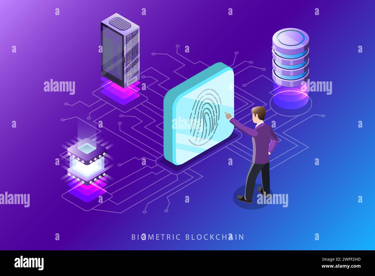 Concept de vecteur isométrique plat de blockchain biométrique. Illustration de Vecteur