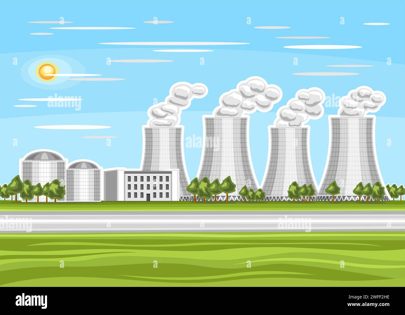 Illustration vectorielle de centrale nucléaire, affiche horizontale avec la station nucléaire de conception de dessin animé sur fond de ciel nuageux bleu, ville moderne d'énergie nucléaire Illustration de Vecteur