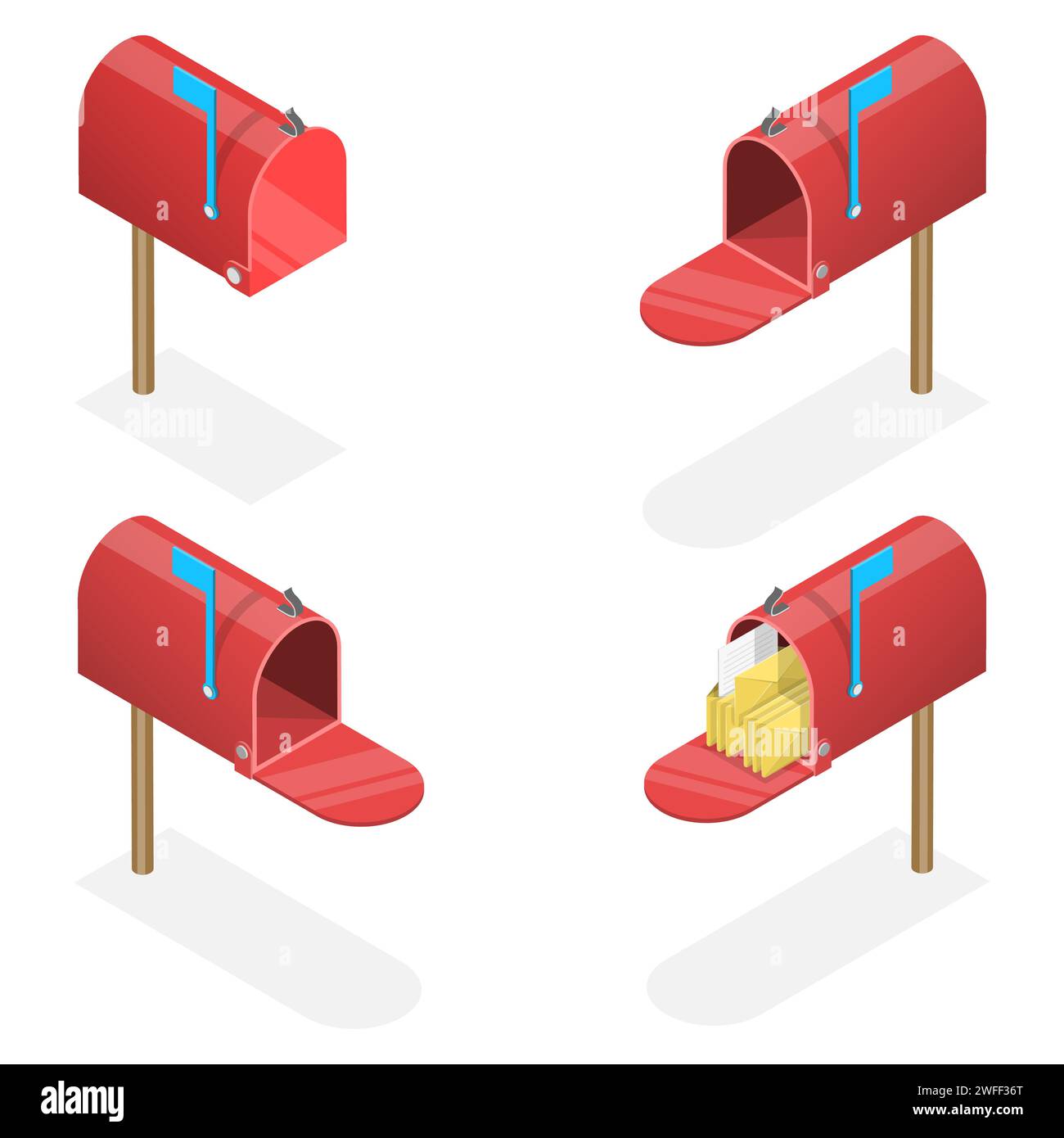 Ensemble isométrique de vecteurs plats 3D de boîtes aux lettres avec une porte fermée et ouverte, avec et sans lettres. Illustration de Vecteur