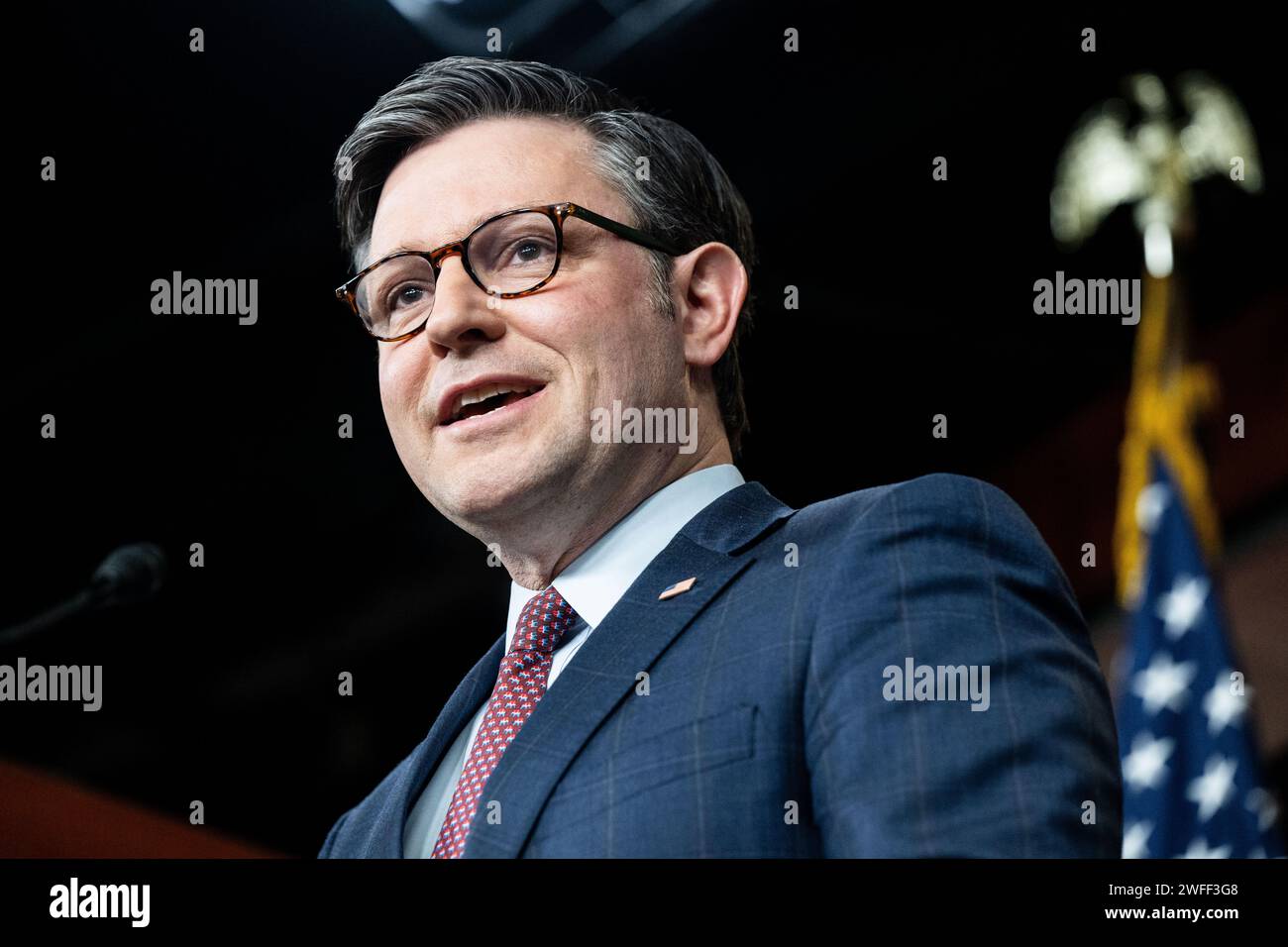 Washington, États-Unis. 30 janvier 2024. Le président de la Chambre Mike Johnson (R-LA) s'exprimant lors d'une conférence de presse au Capitole des États-Unis. (Photo de Michael Brochstein/Sipa USA) crédit : SIPA USA/Alamy Live News Banque D'Images