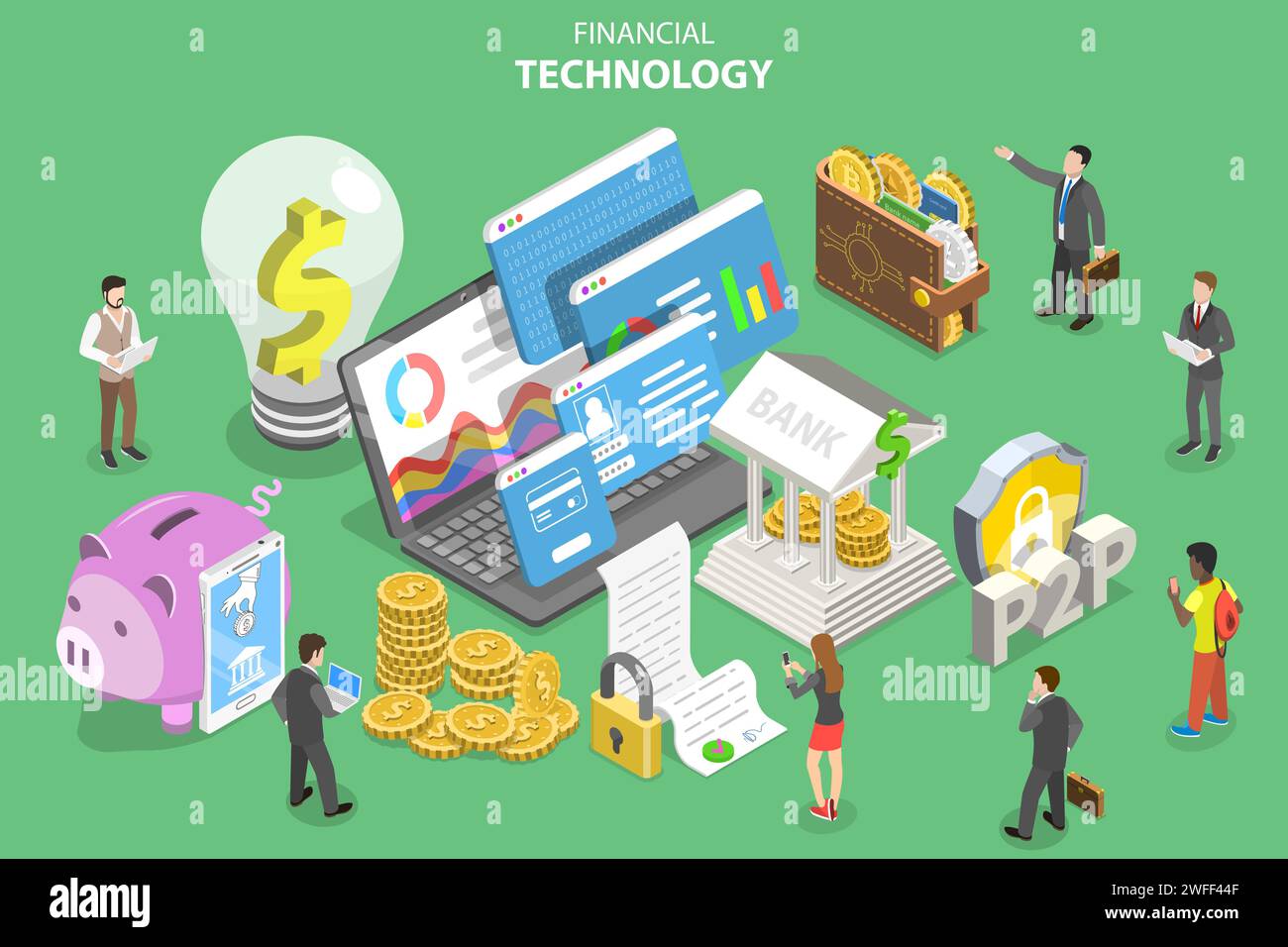 Concept isométrique de vecteur plat de fintech, technologie financière, banque en ligne, blockchain, analyse de données. Illustration de Vecteur