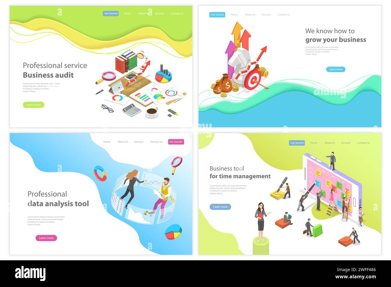 Page de destination vectorielle plate isométrique pour le service d'audit professionnel, la croissance financière, l'outil d'analyse de données, la gestion du temps. Illustration de Vecteur