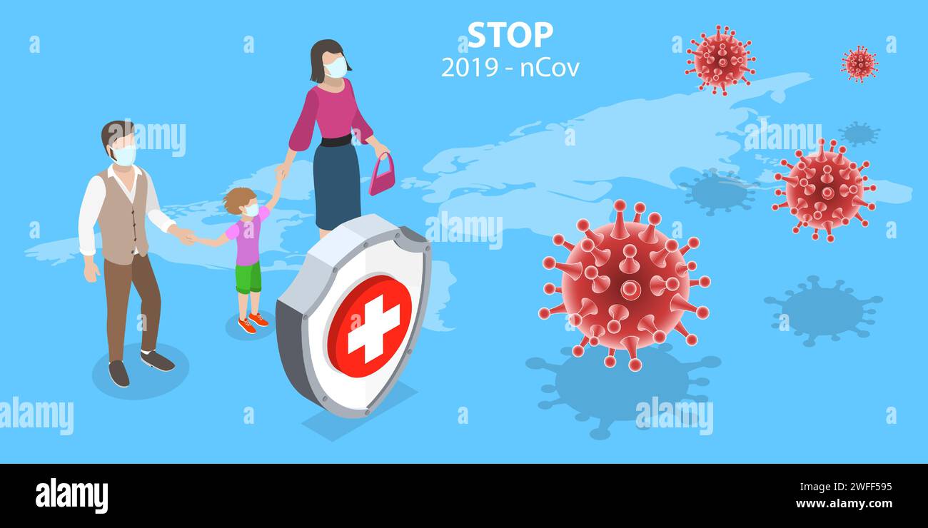 Concept isométrique vectoriel 3D. Stop SRAS-COV-2 pandémie, sensibilisation et alerte contre le virus 2019-nCov, épidémie de coronavirus. Illustration de Vecteur