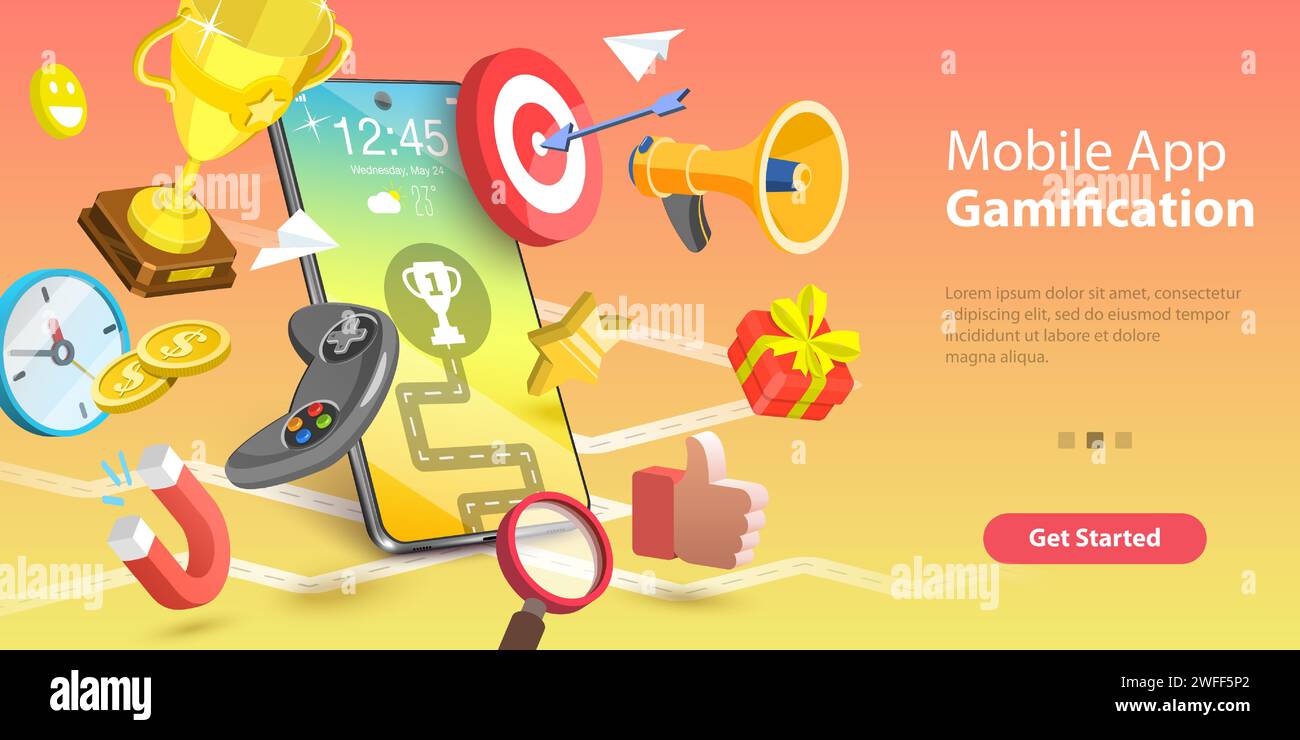 Application mobile gamification, contenu interactif pour le public engageant, encourager les clients à gagner des récompenses. Illustration conceptuelle vectorielle 3D. Illustration de Vecteur