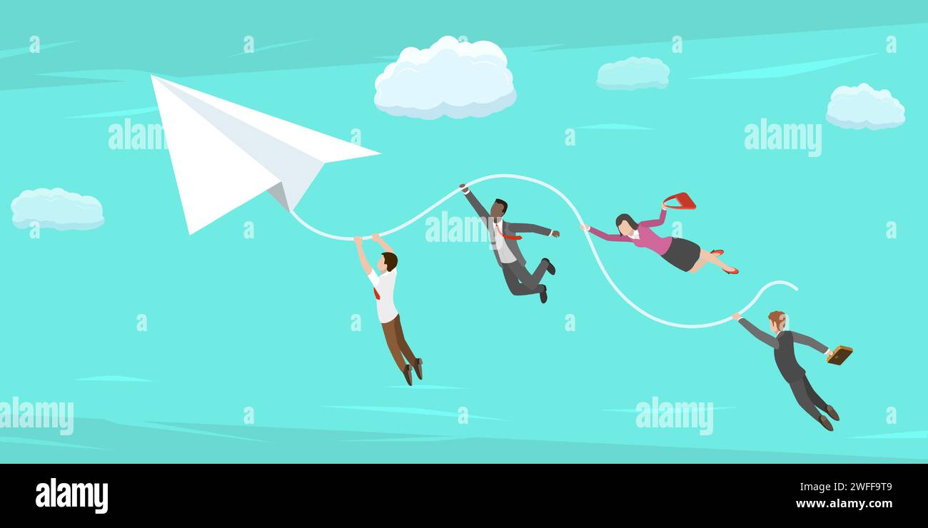 Vecteur isométrique concept de réalisation de l'objectif. L'équipe Entreprises s'envole vers sa cible dans le cadre du livre blanc. Stratégie de collaboration efficace. Illustration de Vecteur