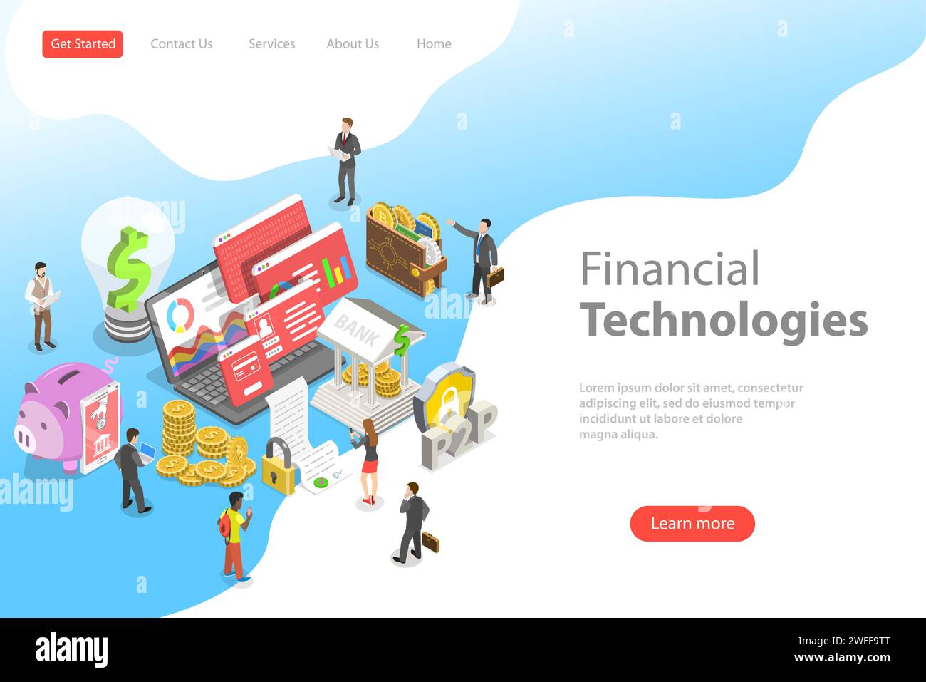 Modèle isométrique de Landing page vectoriel plat de fintech, technologie financière, banque en ligne, blockchain, analyse de données. Illustration de Vecteur