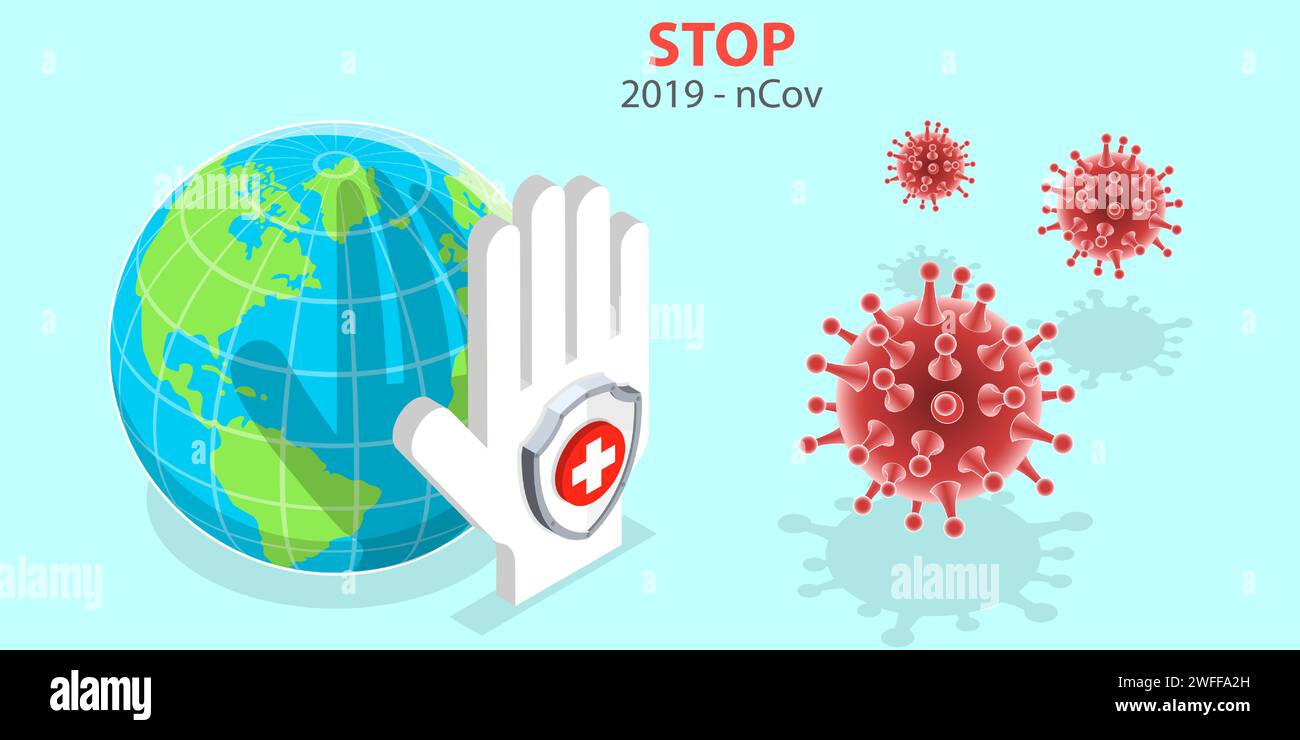 Concept isométrique de vecteur 3D de l'épidémie de coronavirus, sensibilisation et alerte contre le virus 2019-nCov, Arrêtez la pandémie de la maladie SARS-COV-2. Illustration de Vecteur