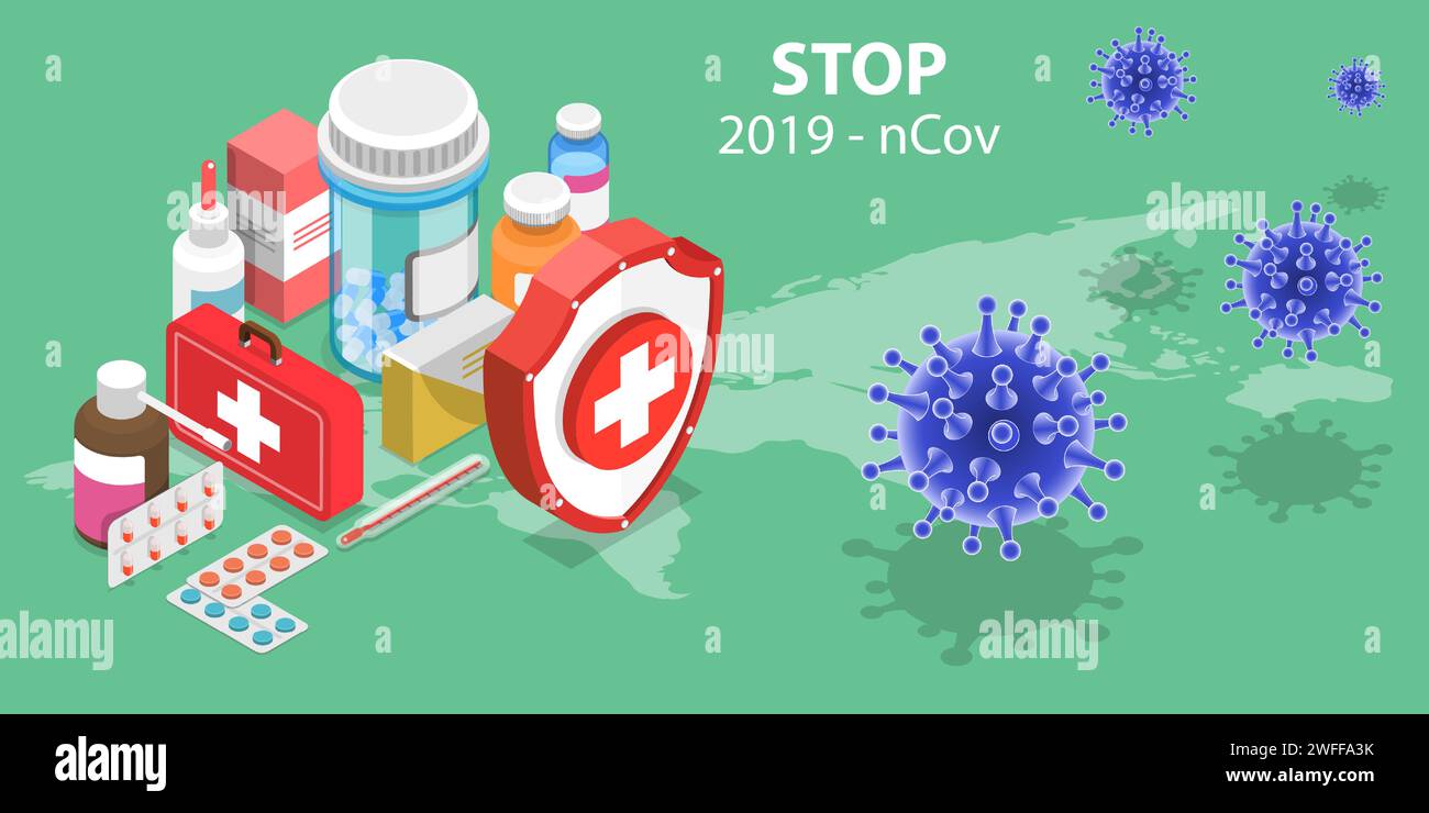Concept isométrique de vecteur 3D de l'épidémie de coronavirus, sensibilisation et alerte contre le virus 2019-nCov, Arrêtez la pandémie de la maladie SARS-COV-2. Illustration de Vecteur