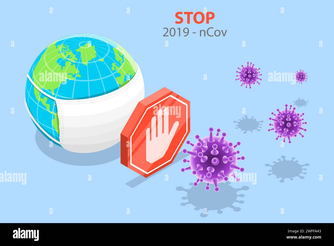 Concept isométrique vectoriel 3D. Stop SRAS-COV-2 pandémie, sensibilisation et alerte contre le virus 2019-nCov, épidémie de coronavirus. Illustration de Vecteur