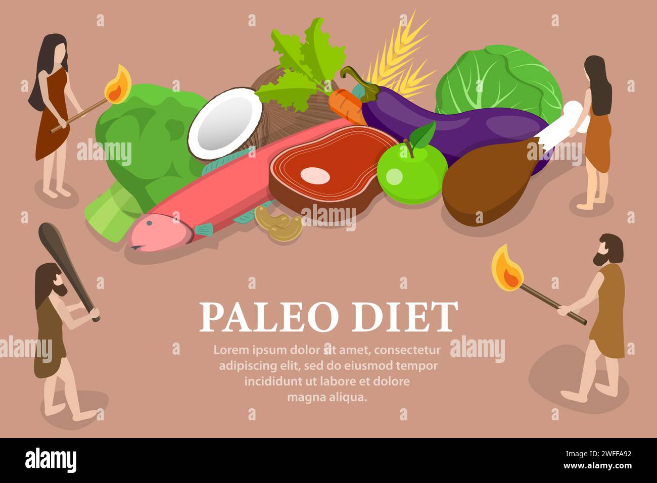 Illustration conceptuelle isométrique à vecteur plat 3D de Paleo Diet, alimentation saine et équilibrée. Illustration de Vecteur