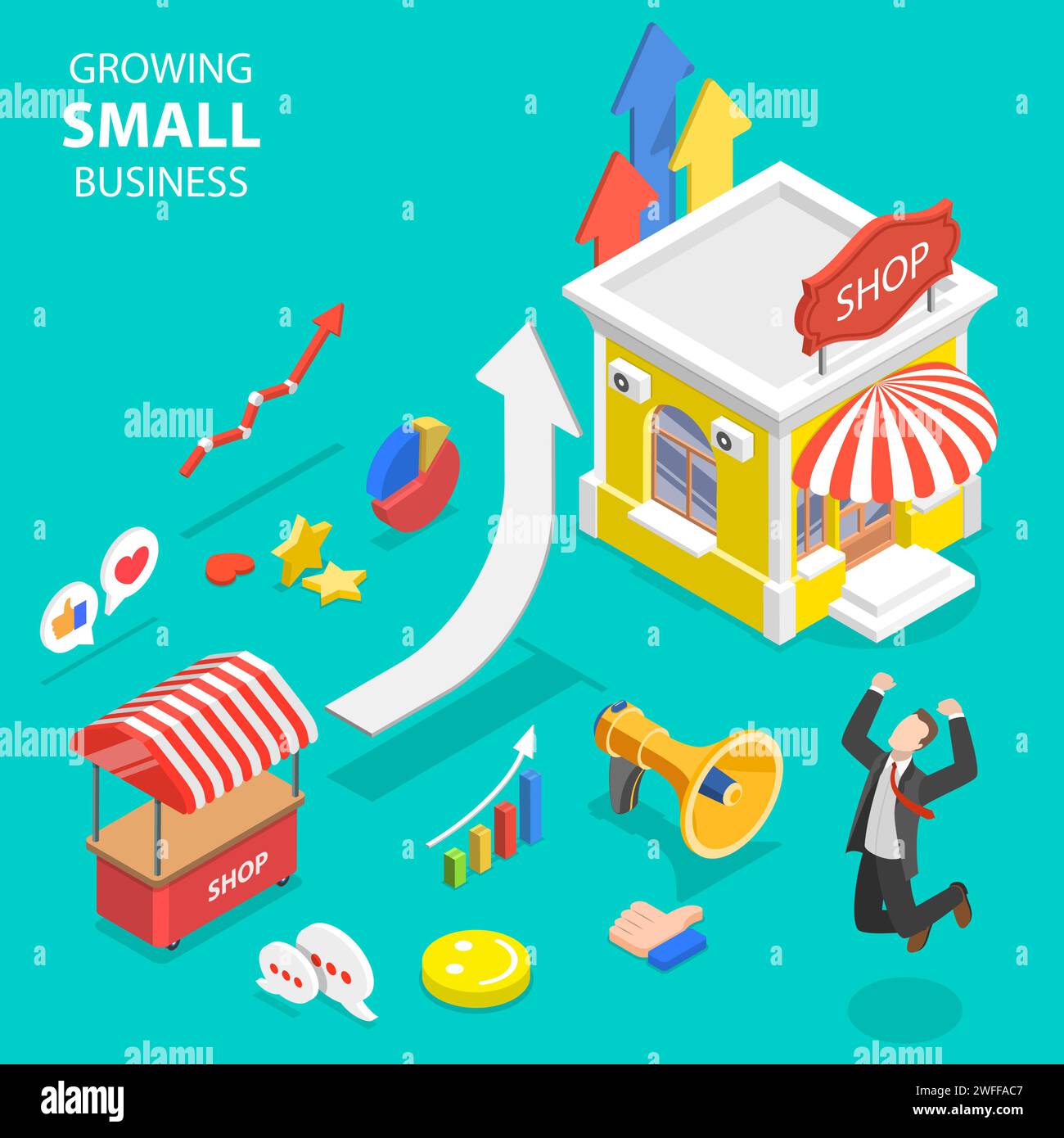 Concept isométrique de vecteur plat de la croissance des petites entreprises, stratégie de marketing, campagne publicitaire, affaires dans l'investissement. Illustration de Vecteur