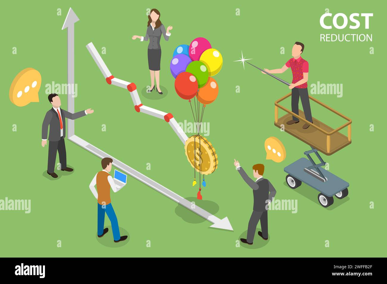 Illustration conceptuelle isométrique à vecteur plat 3D de la réduction des coûts, de la minimisation des prix, de la diminution du taux en dollars, de la baisse du taux de profit. Illustration de Vecteur