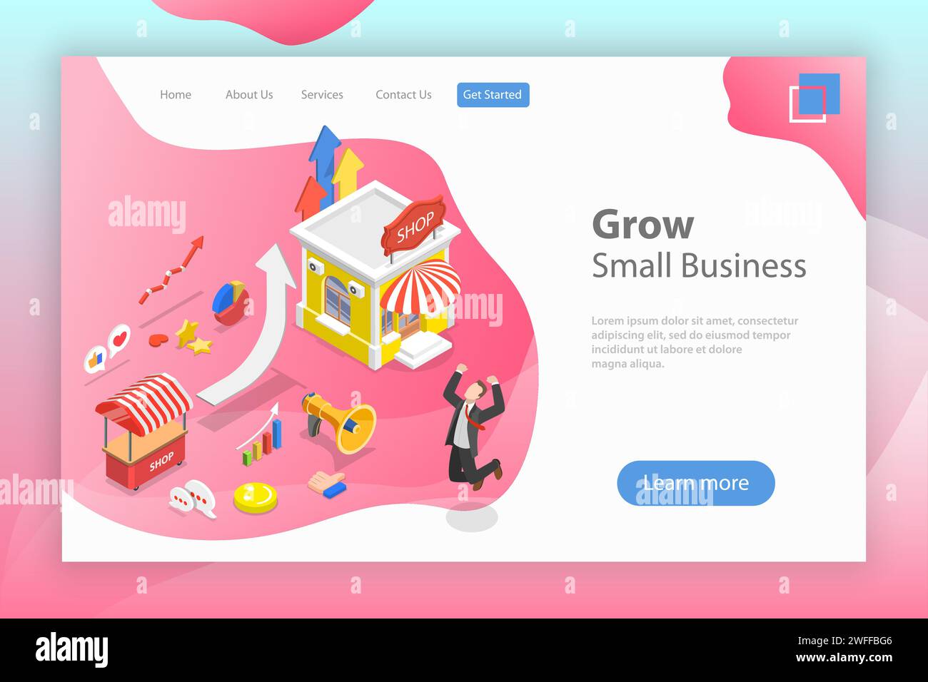 Page d'atterrissage vectorielle plate isométrique tentation de la croissance des petites entreprises, stratégie de marketing, campagne publicitaire, affaires dans l'investissement. Illustration de Vecteur