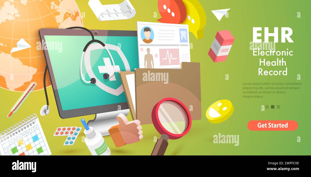 Illustration conceptuelle vectorielle 3D de DSE - dossier de santé électronique, informations sur la santé des patients stockées électroniquement, antécédents médicaux. Illustration de Vecteur