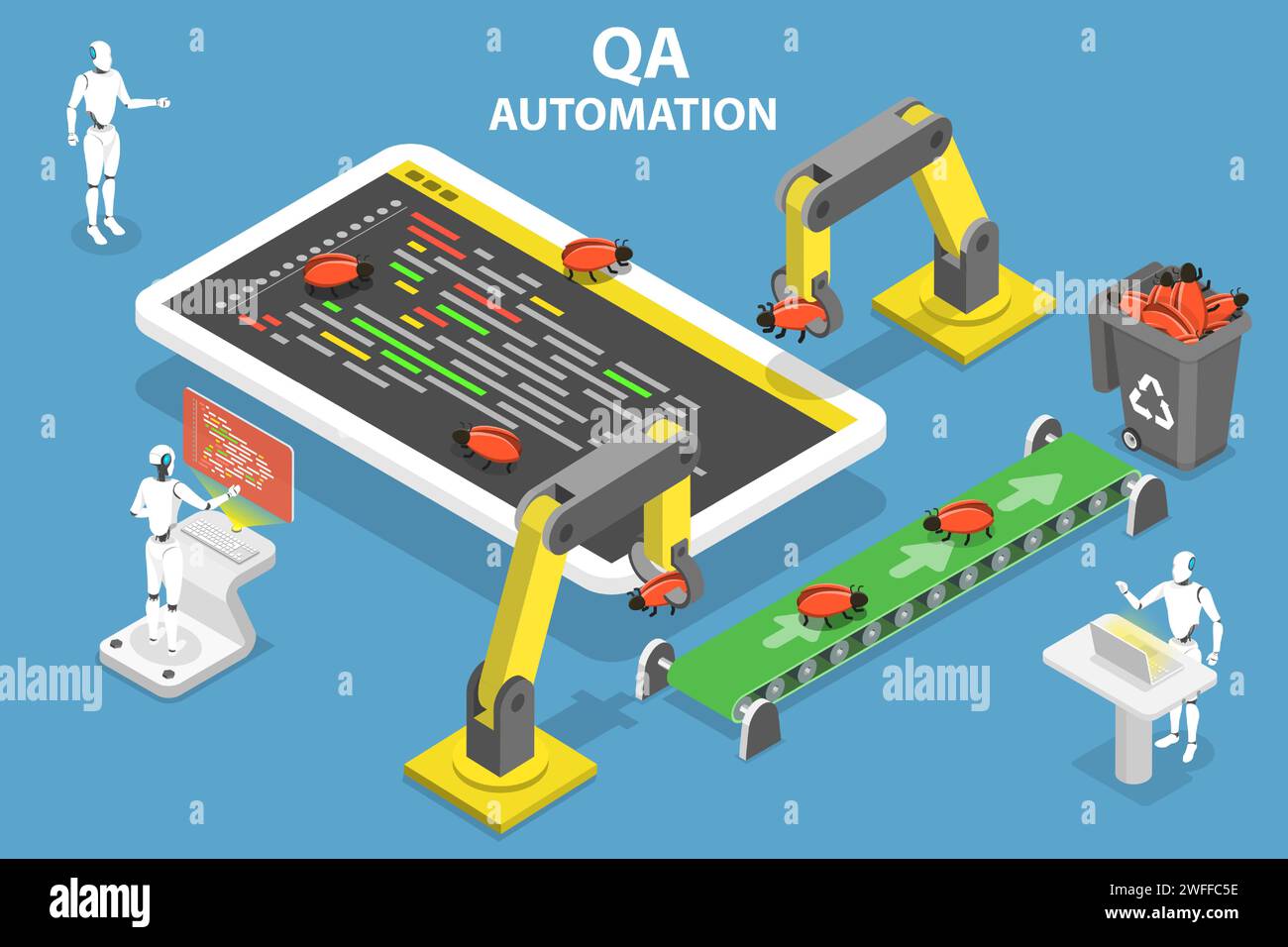 Illustration conceptuelle isométrique à vecteur plat 3D de l'assurance qualité logicielle automatisée, AQ Automation. Illustration de Vecteur