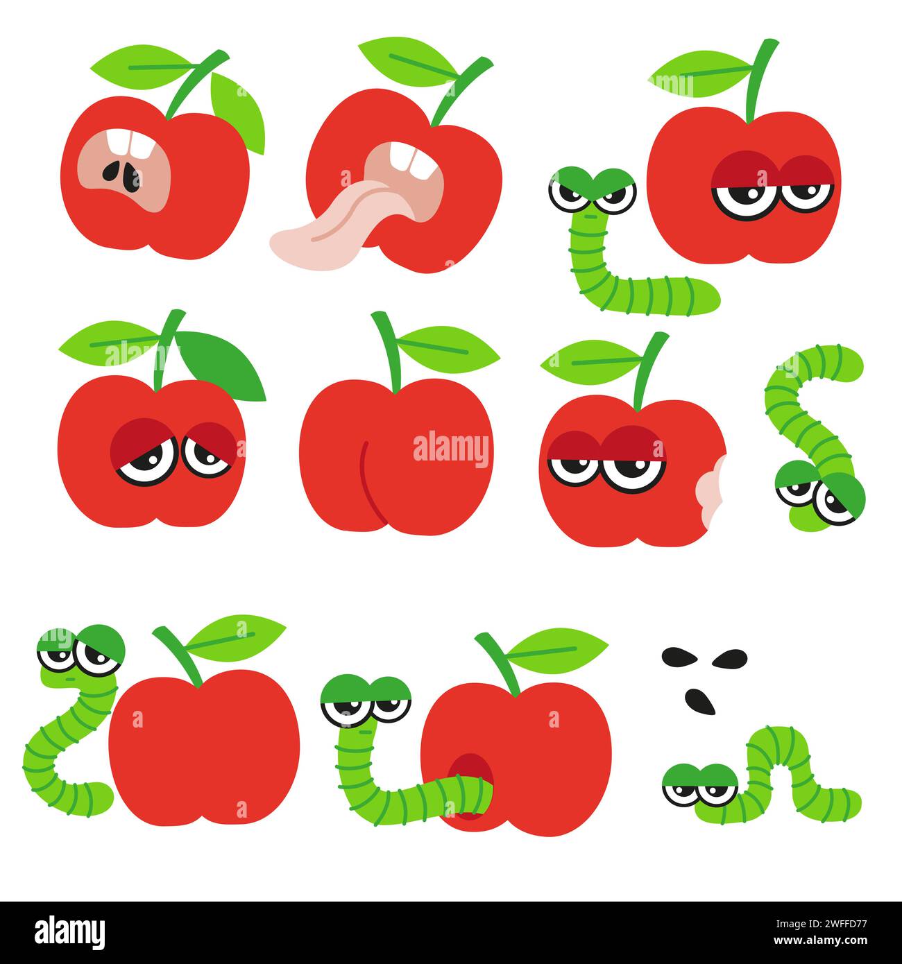 Pomme folle rouge et chenille sur fond blanc. Paquet d'illustration vectorielle dessinée à la main dans un style de bande dessinée Illustration de Vecteur