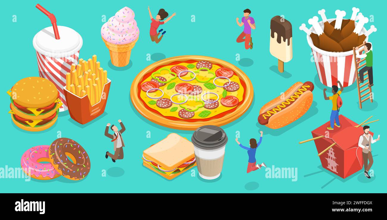 Illustration conceptuelle de vecteur plat isométrique 3D de la restauration rapide, les gens se réjouissent à côté de la nourriture comme Hot Dog, boisson glacée, Burger, Donut, crème glacée, pi Illustration de Vecteur