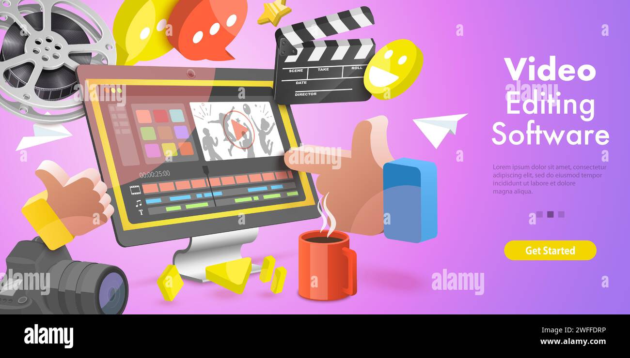 Illustration conceptuelle 3D de logiciel de montage vidéo, Motion Design Studio, production multimédia. Illustration de Vecteur