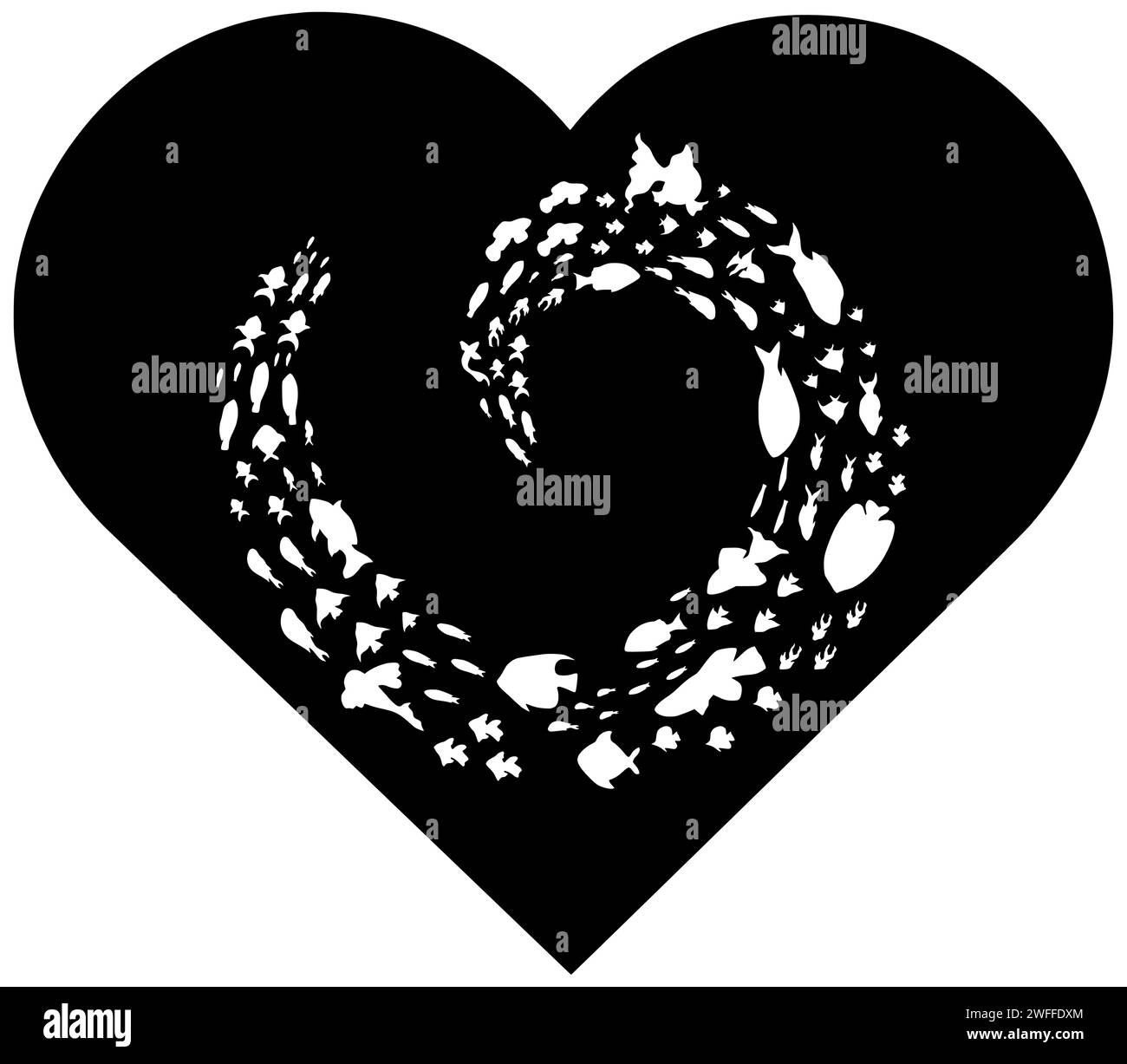 cœur illustration amour silhouette pêche logo poisson icône signe contour de l'eau crochet de mer attraper romantique tige d'appât de la rivière valentine forme nature aquarium de fruits de mer Illustration de Vecteur